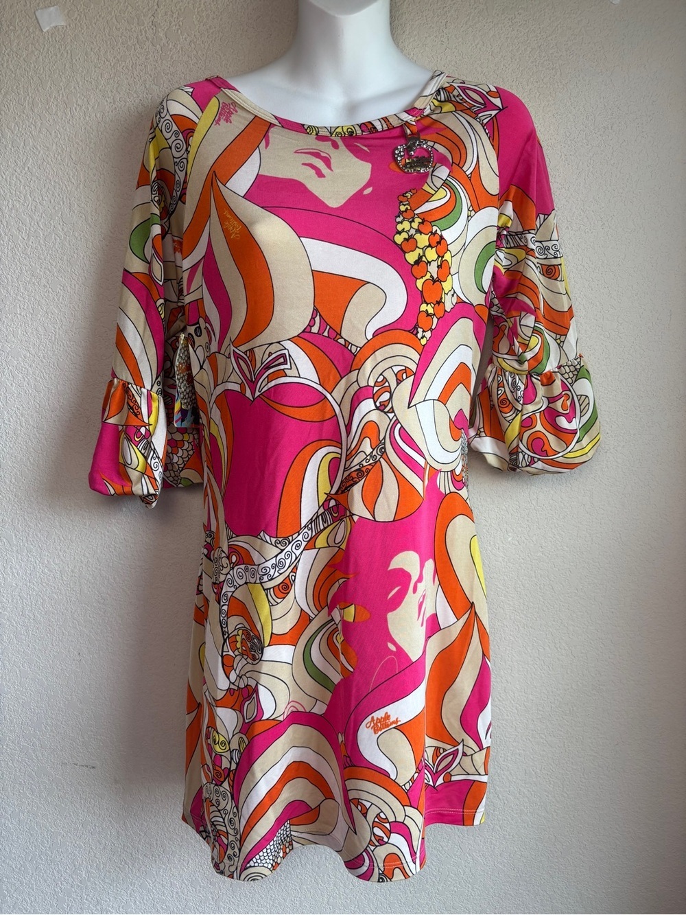 NWT Vintage Y2K Apple Bottoms Pink 70s Psychedelic Bell Sleeve Mini Dress XL